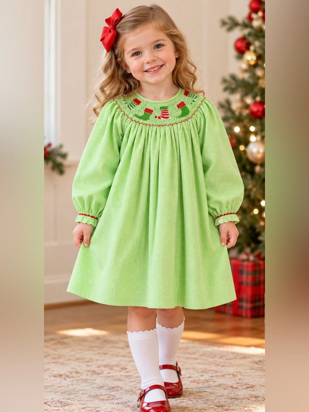 Kids by M.E. Girls 3T Smocked Christmas Stocking Green Gingham Long Sleeve Dress